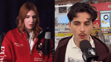 a man and a woman are talking into microphones and the woman is wearing a red jacket that says fearless on it