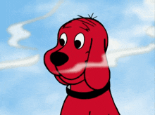 a cartoon of a red dog with a black collar and a blue sky in the background