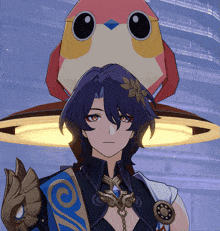 a cartoon character with a bird on top of his head