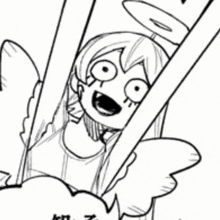 a black and white drawing of a girl with wings and a colorful background .