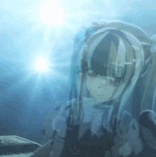 a girl with long hair is standing in the water with the sun shining through her hair