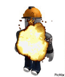 a man in a hard hat is holding a large explosion in his hand .