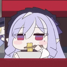 a girl with purple hair is eating noodles with chopsticks