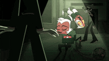 a cartoon character is tied up in a chair with a chain around his feet
