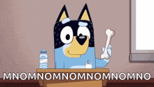 a cartoon dog is holding a bone in his hand while sitting at a desk .