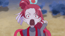 a cartoon drawing of a girl with red hair making a funny face