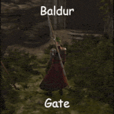 a screenshot of a video game shows a character named baldur holding a spear