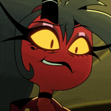 a close up of a cartoon character with horns and yellow eyes smiling