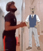 a man in a black shirt is standing next to a furry man in a suit