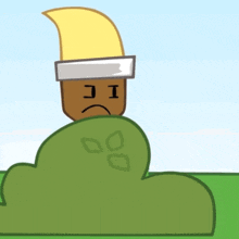 a cartoon character with a sad face and the letter i on his head
