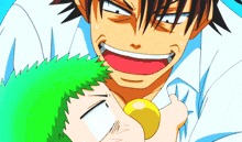 a cartoon of a man holding a baby with green hair