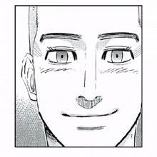 a black and white drawing of a man 's face with a smiling expression .