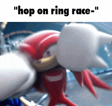 a picture of knuckles from sonic the hedgehog says " hop on ring race " on the bottom