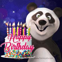 a panda bear holding a birthday cake with candles and the words happy birthday