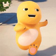 a yellow cartoon character with green eyes is standing on a white surface .