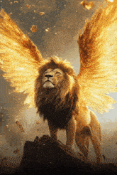 a lion with flaming wings standing on a rock