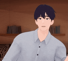 a 3d model of a man with blue hair and a white shirt