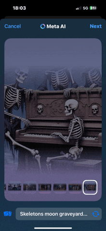 a phone screen shows a picture of skeletons playing a piano and says skeletons moon graveyard