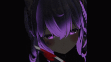 a girl with purple hair is holding a bloody knife