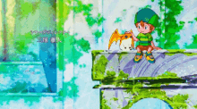 a cartoon of a boy sitting on a ledge with a dragon on his lap