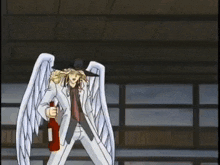 a cartoon character with wings is holding a red object