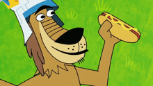 a cartoon dog wearing a chef 's hat is holding a hot dog