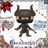 a funko pop with horns is holding a gun and saying good night
