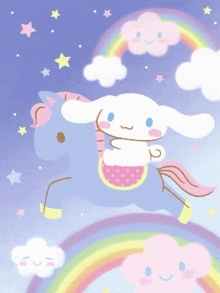 cinnamoroll is riding on the back of a blue unicorn