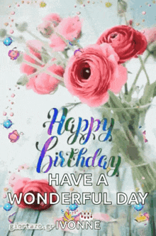 a happy birthday greeting card with a bouquet of pink roses