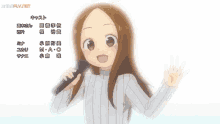 a cartoon girl is singing into a microphone with chinese characters on the bottom