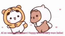 a couple of cartoon characters standing next to each other with the words al zo veel jaren samen happy anniversary mon bebe on the bottom