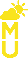 a yellow m and u logo with a cloud and sun in the background