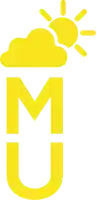 a yellow m and u logo with a cloud and sun in the background