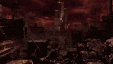 a destroyed city with a castle in the background