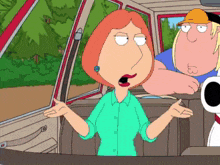 a cartoon of lois griffin sitting in a car with snoopy