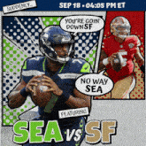 an advertisement for a football game between the seahawks and 49ers