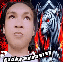 a man stands in front of a picture of a white tiger with the words ' awalikumsalam wr wb ' written below