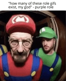 a man in a mario costume is standing next to a man in a green hat .