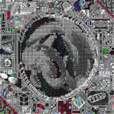 a black and white pixel art of a man 's face with a peace sign in the middle