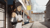 a cartoon character is standing on a city street .