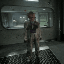 a man in a lab coat is dancing in front of a window that says ' captain johnson ' on it