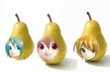 three pears with anime faces on them