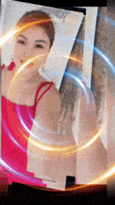 a woman in a red dress is surrounded by glowing lights