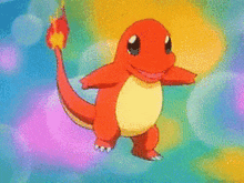 a cartoon character with a fire tail is walking on a rainbow background .