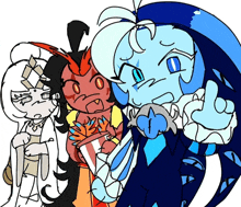 a drawing of three cartoon characters including a blue one