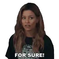 a woman is wearing a black shirt and says " for sure "