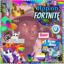 a picture of a man with the words hop on fortnite love you on it