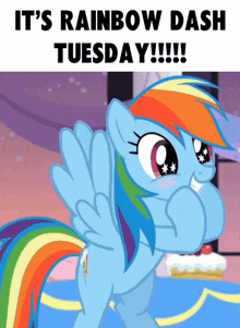 a picture of a pony with the words " it 's rainbow dash tuesday " above it