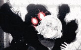 a girl with white hair is standing next to a monster with red eyes