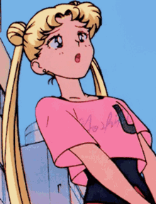 a girl with blonde hair is wearing a pink shirt that says yoshii